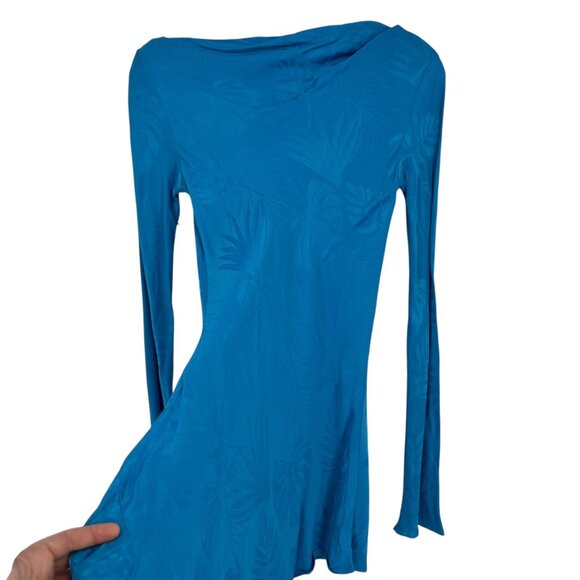 TOPSHOP Cowl Neck Bell Sleeve Tunic With Leaf Pattern Turquoise Size 2 NWOT - Picture 6 of 9